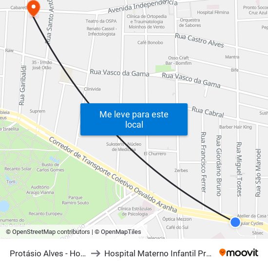 Protásio Alves - Hosp. De Clínicas Cb to Hospital Materno Infantil Presidente Vargas (HMIPV) map