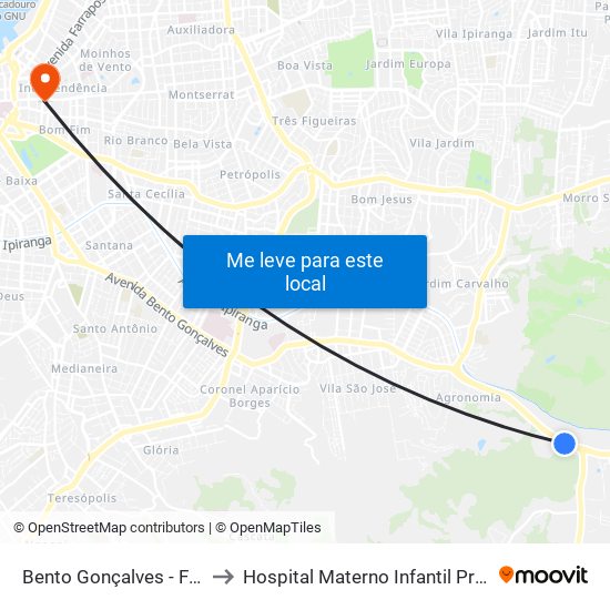 Bento Gonçalves - Fac. Odontologia Cb to Hospital Materno Infantil Presidente Vargas (HMIPV) map