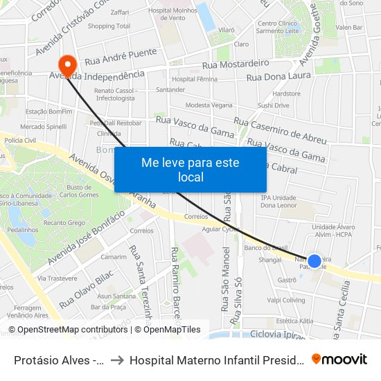 Protásio Alves - Israelita Bc to Hospital Materno Infantil Presidente Vargas (HMIPV) map