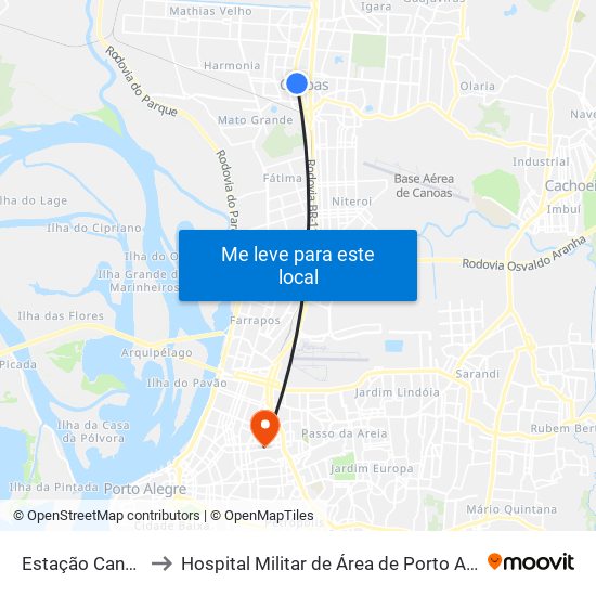 Estação Canoas to Hospital Militar de Área de Porto Alegre map