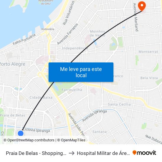 Praia De Belas - Shopping (Fora Do Corredor) to Hospital Militar de Área de Porto Alegre map