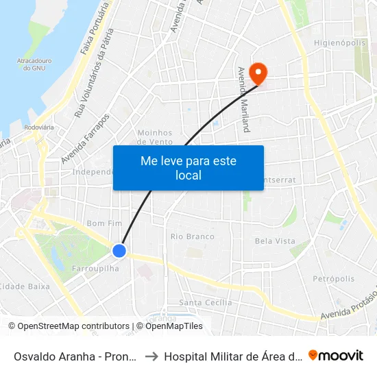 Osvaldo Aranha - Pronto Socorro Cb to Hospital Militar de Área de Porto Alegre map