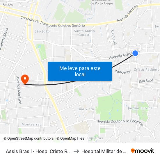 Assis Brasil - Hosp. Cristo Redentor (Fora Do Corredor) to Hospital Militar de Área de Porto Alegre map
