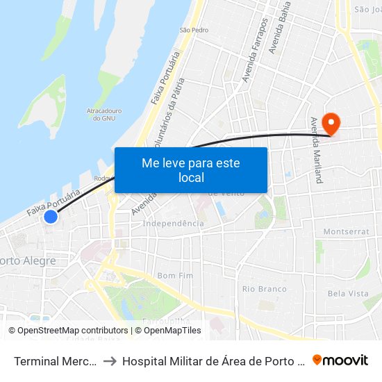 Terminal Mercado to Hospital Militar de Área de Porto Alegre map