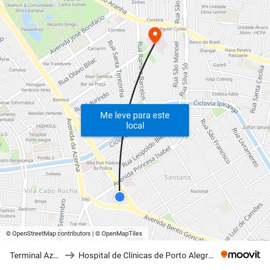 Terminal Azenha to Hospital de Clínicas de Porto Alegre (HCPA) map