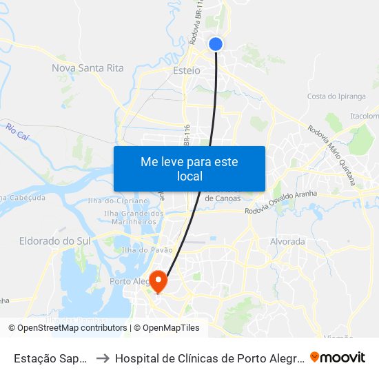 Estação Sapucaia to Hospital de Clínicas de Porto Alegre (HCPA) map