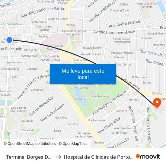 Terminal Borges De Medeiros to Hospital de Clínicas de Porto Alegre (HCPA) map