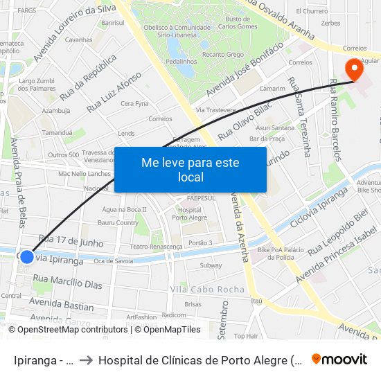 Ipiranga - Trt to Hospital de Clínicas de Porto Alegre (HCPA) map