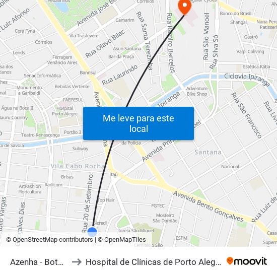 Azenha - Botafogo to Hospital de Clínicas de Porto Alegre (HCPA) map