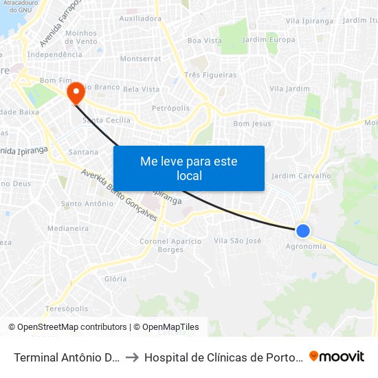 Terminal Antônio De Carvalho to Hospital de Clínicas de Porto Alegre (HCPA) map