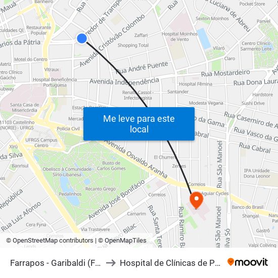 Farrapos - Garibaldi (Fora Do Corredor) to Hospital de Clínicas de Porto Alegre (HCPA) map