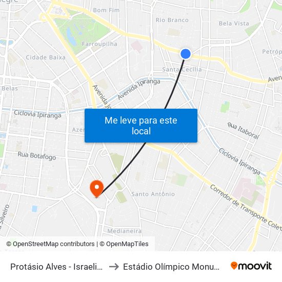 Protásio Alves - Israelita Cb to Estádio Olímpico Monumental map