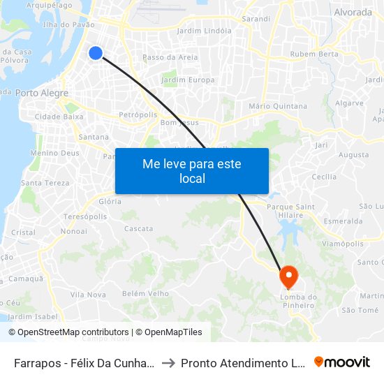 Farrapos - Félix Da Cunha (Fora Do Corredor) to Pronto Atendimento Lomba do Pinheiro map