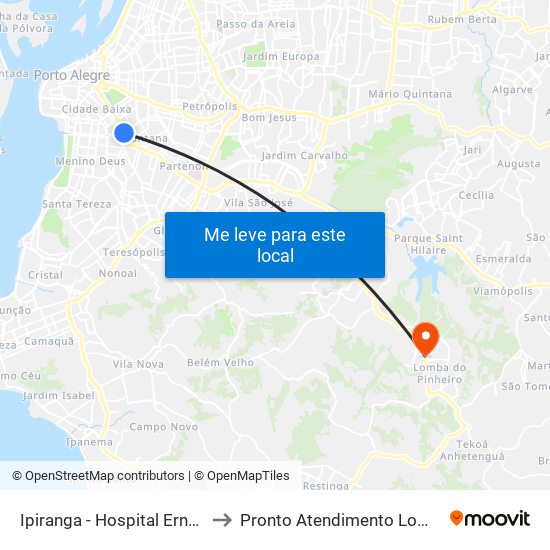 Ipiranga - Hospital Ernesto Dornelles to Pronto Atendimento Lomba do Pinheiro map