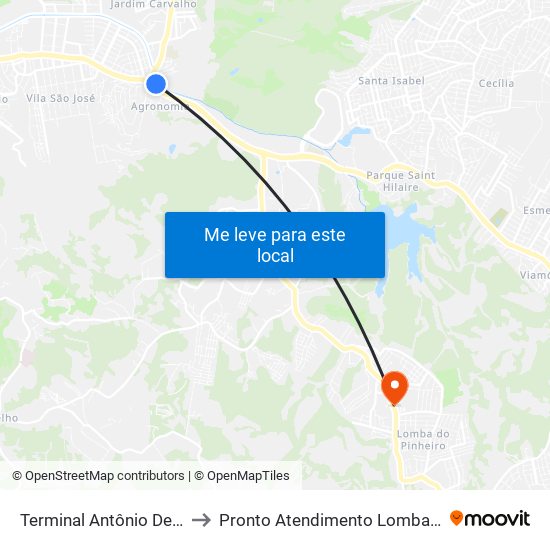 Terminal Antônio De Carvalho to Pronto Atendimento Lomba do Pinheiro map