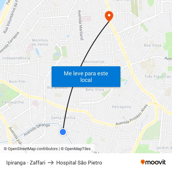 Ipiranga - Zaffari to Hospital São Pietro map