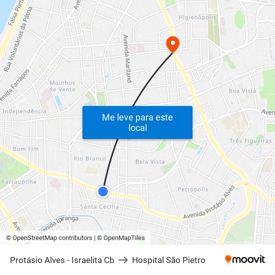 Protásio Alves - Israelita Cb to Hospital São Pietro map