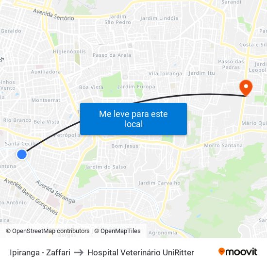 Ipiranga - Zaffari to Hospital Veterinário UniRitter map