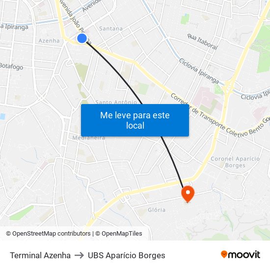 Terminal Azenha to UBS Aparício Borges map