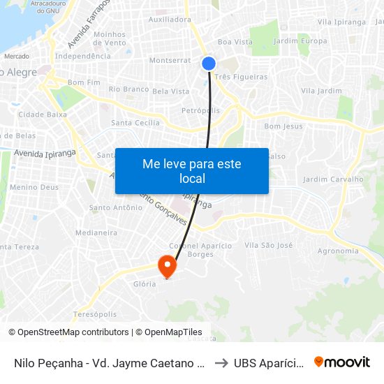 Nilo Peçanha - Vd. Jayme Caetano Braun (Piso Inferior) to UBS Aparício Borges map