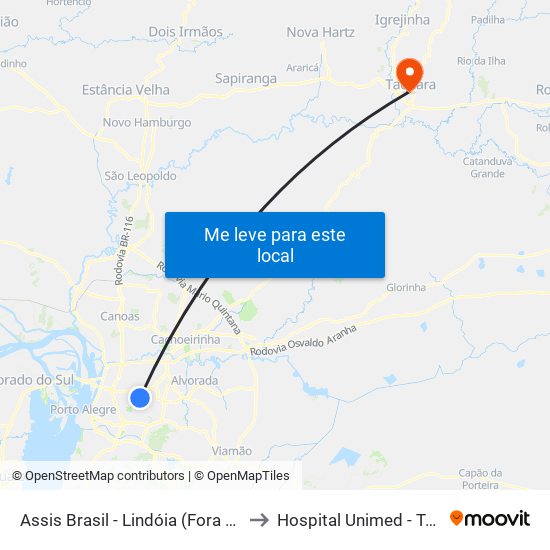 Assis Brasil - Lindóia (Fora Do Corredor) to Hospital Unimed - Taquara/RS map
