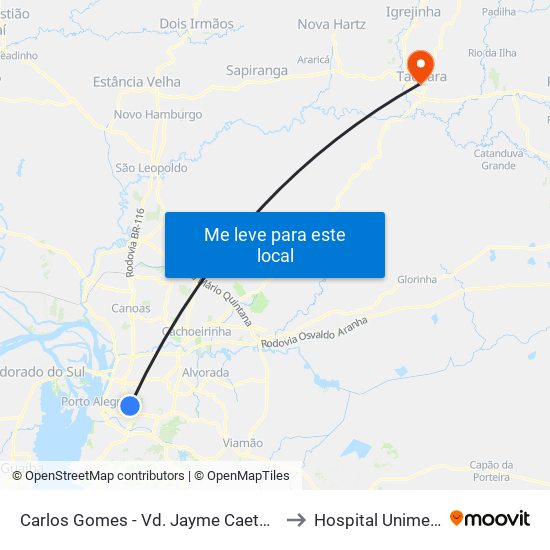 Carlos Gomes - Vd. Jayme Caetano Braun Ns (Piso Superior) to Hospital Unimed - Taquara/RS map