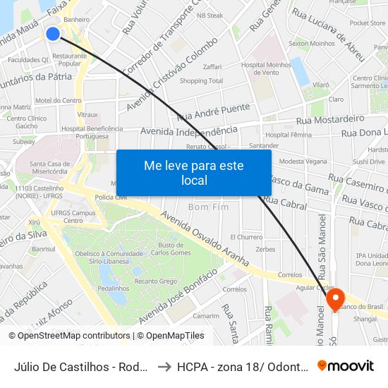 Júlio De Castilhos - Rodoviária to HCPA - zona 18/ Odontologia map