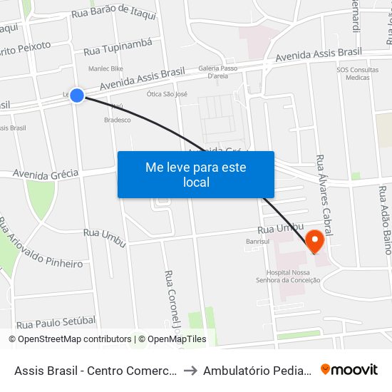 Assis Brasil - Centro Comercial [Centro] to Ambulatório Pediatria-HCC map