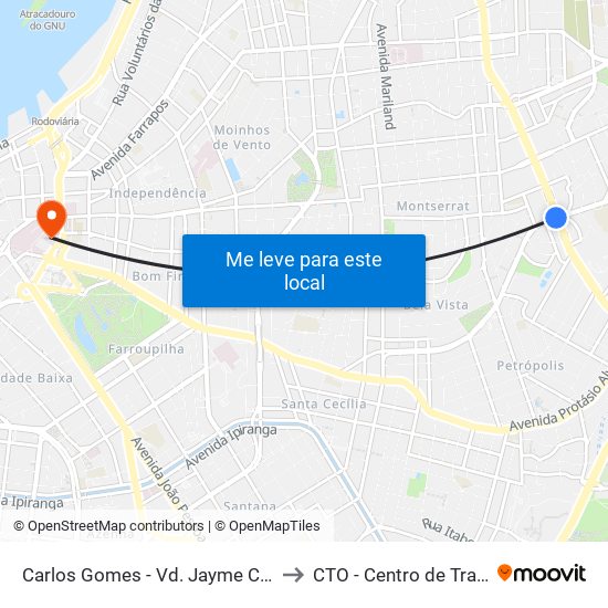 Carlos Gomes - Vd. Jayme Caetano Braun Ns (Piso Superior) to CTO - Centro de Tratamento da Obesidade map