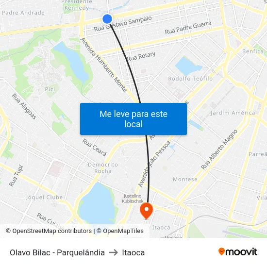 Olavo Bilac - Parquelândia to Itaoca map