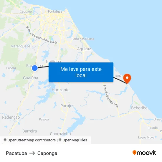 Pacatuba to Caponga map