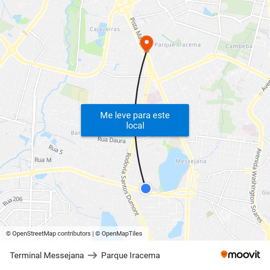 Terminal Messejana to Parque Iracema map