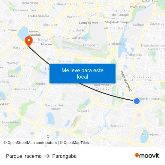 Parque Iracema to Parangaba map