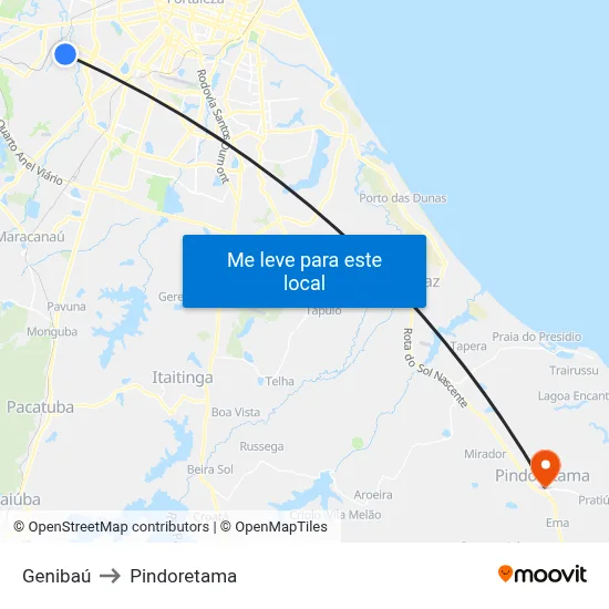 Genibaú to Pindoretama map