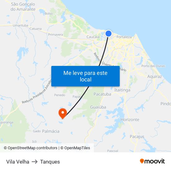 Vila Velha to Tanques map