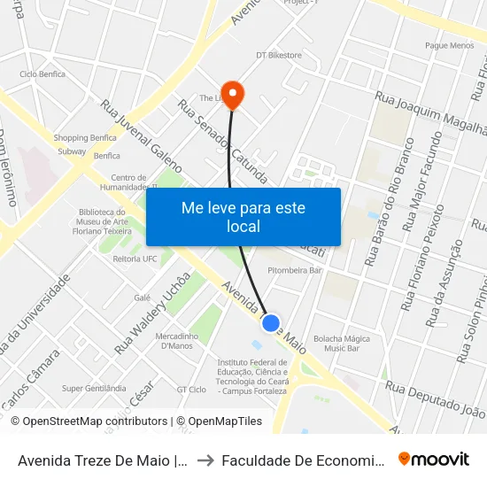 Avenida Treze De Maio | Seletivo (012/029/030/703/755/855) - Benfica to Faculdade De Economia, Administração, Atuária, Contabilidade Da Ufc map