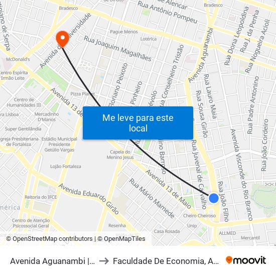 Avenida Aguanambi | Seletivo (Metropolitano) - Fátima to Faculdade De Economia, Administração, Atuária, Contabilidade Da Ufc map