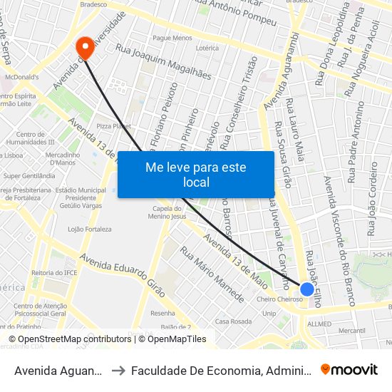 Avenida Aguanambi, 1733 - Fátima to Faculdade De Economia, Administração, Atuária, Contabilidade Da Ufc map