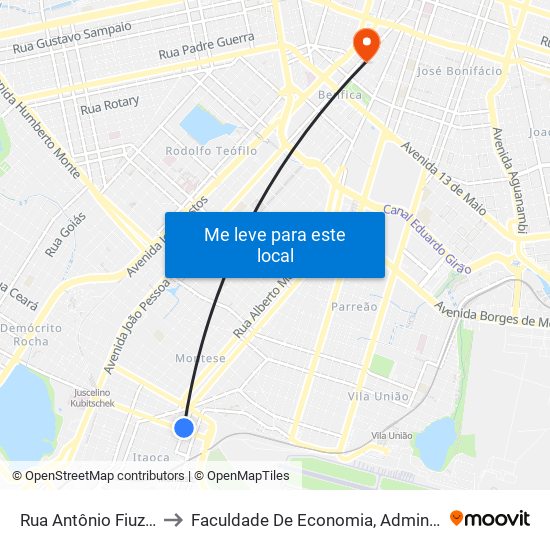 Rua Antônio Fiuza, 122-200 - Montese to Faculdade De Economia, Administração, Atuária, Contabilidade Da Ufc map