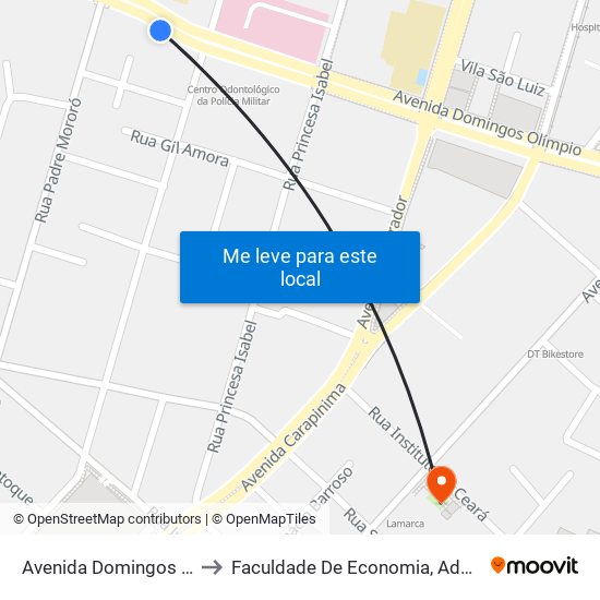 Avenida Domingos Olímpio, 1801c - Farias Brito to Faculdade De Economia, Administração, Atuária, Contabilidade Da Ufc map