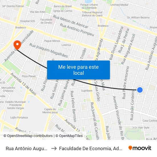 Rua Antônio Augusto, 2685 - Joaquim Távora to Faculdade De Economia, Administração, Atuária, Contabilidade Da Ufc map