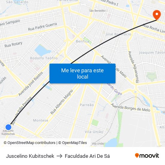 Juscelino Kubitschek to Faculdade Ari De Sá map