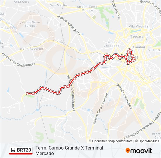 Mapa da linha BRT20 de ônibus