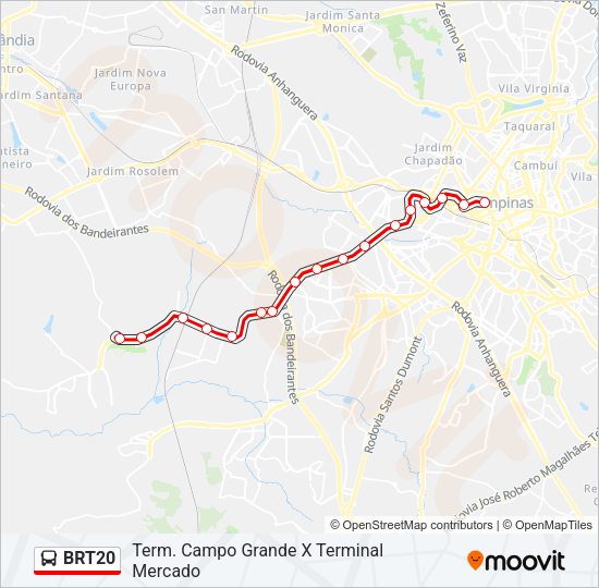 Mapa da linha BRT20 de ônibus