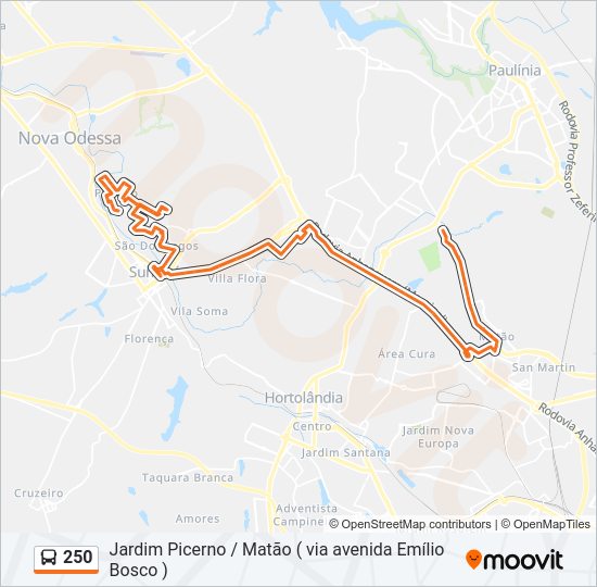 Mapa da linha 250 de ônibus