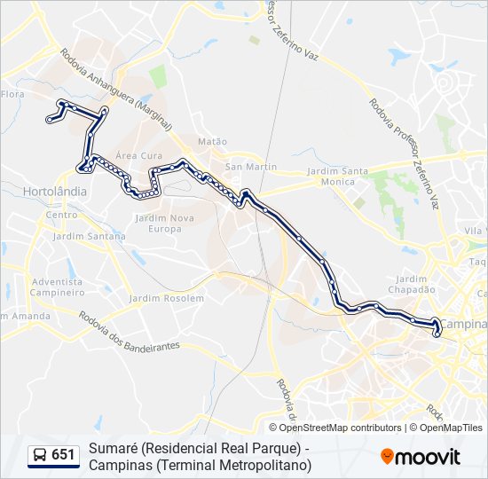 Mapa da linha 651 de ônibus