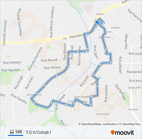 Mapa da linha 105 de ônibus