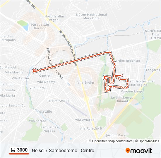 Mapa da linha 3000 de ônibus