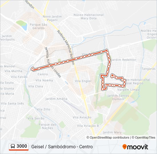 Mapa da linha 3000 de ônibus