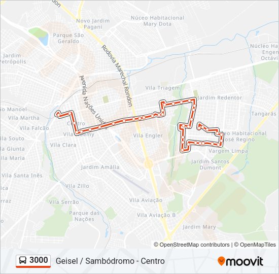 Mapa da linha 3000 de ônibus